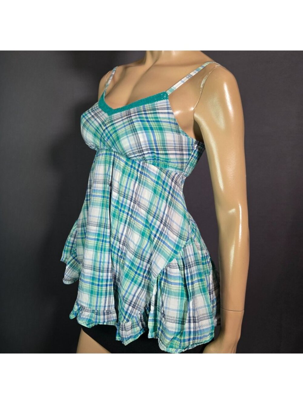 Y2K Teal White Plaid Ruffled Babydoll Top Size XS Spaghetti Strap Cotton